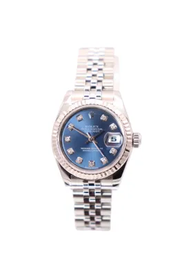 Rolex Datejust 26MM 18K White Gold Fluted Bezel Blue Diamond Dial 179174 Boxed Circa 2006