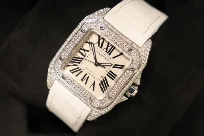 Cartier Santos Midi 100 Aftermarket Diamonds White Leather Strap 2878 Boxed
