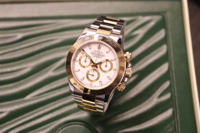 Rolex Cosmograph Daytona 18K Yellow Gold & Stainless Steel White Dial 116523 Box & Papers 2014