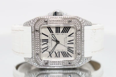 Cartier Santos Midi 100 Aftermarket Diamonds White Leather Strap 2878 Boxed