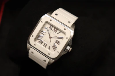 Cartier Santos Midi Stainless Steel 2878 White Rubber Bezel Boxed Circa 2010