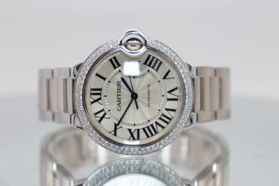 Cartier Ballon Bleu 36MM 18K White Gold Factory Diamond Bezel Box & Papers 2010