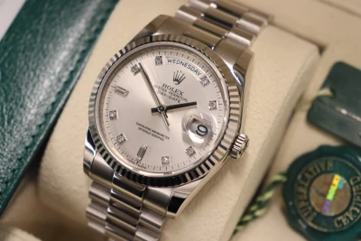 Rolex Day-Date 36MM 18K White Gold Silver Diamond Dial 118239 Full Set 2017 B&P