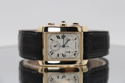 Cartier Tank Quartz Chrono 18K Gold Black Leather Strap 1830 Boxed Circa 2000